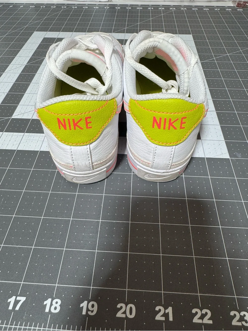 Nike Women's White Leather Low-Top Sneakers with Pink and Lime Accents